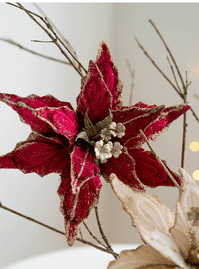 Fleurs artificielles de poinsettia à paillettes de grande taille de 11 po pour décorations de sapin de Noël et de Nouvel An des années 1970, vente en gros