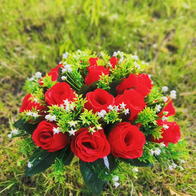 Bulk Exclusive 22 Colors Cemetery Flowers Roses Bush Bouquets in Vase Artificial Flowers for Graves and Memorials Arrangements Wholesale