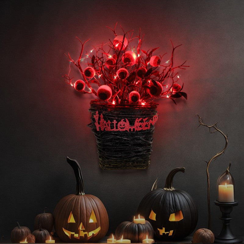Bulk Halloween Eyeball Wall Hanging Basket for Front Door Artificial Plant Twigs Basket Glowing Decoration Wholesale