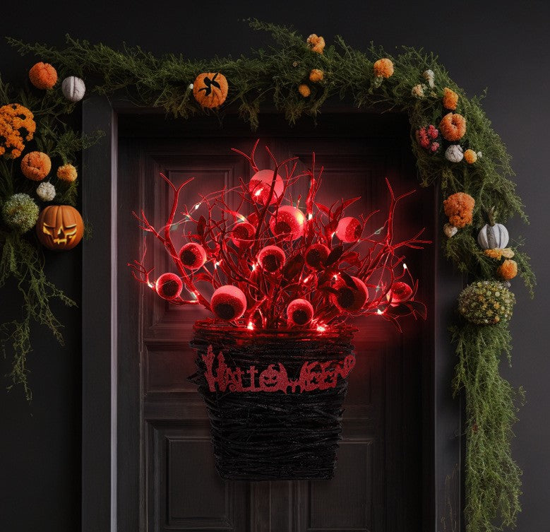 Bulk Halloween Eyeball Wall Hanging Basket for Front Door Artificial Plant Twigs Basket Glowing Decoration Wholesale