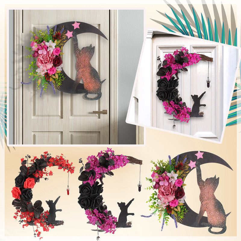 Bulk Halloween Moon Cat Wreath with Rose Gothic Grapevine Wreath for Farmhouse Porch Front Door Window Wall Decor Wholesale