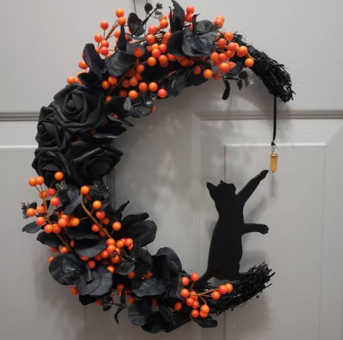 Bulk Halloween Moon Cat Wreath with Rose Gothic Grapevine Wreath for Farmhouse Porch Front Door Window Wall Decor Wholesale