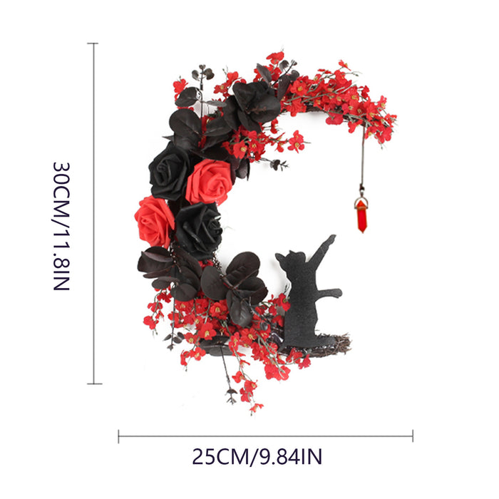 Bulk Halloween Moon Cat Wreath with Rose Gothic Grapevine Wreath for Farmhouse Porch Front Door Window Wall Decor Wholesale
