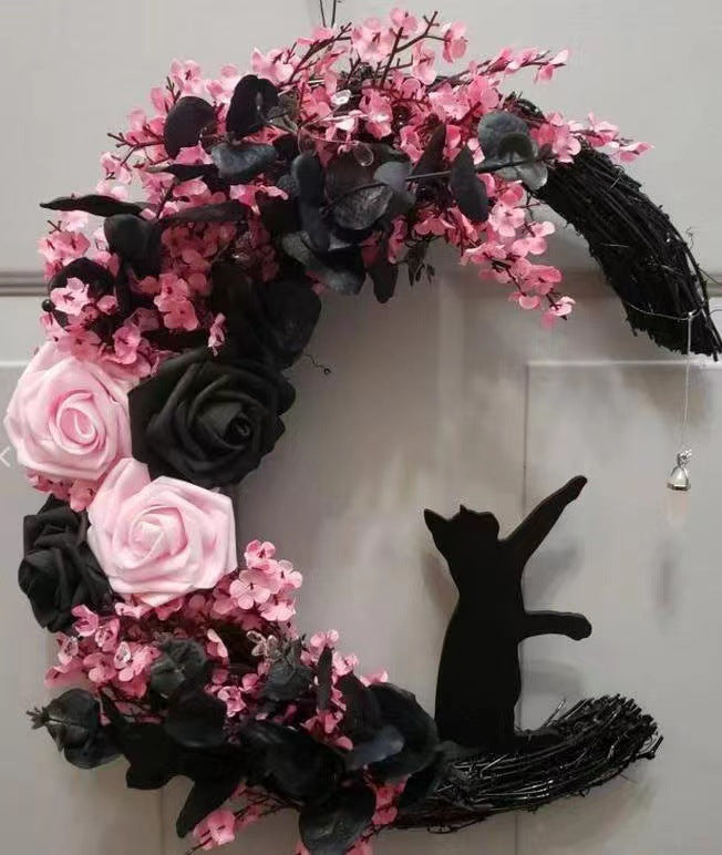Bulk Halloween Moon Cat Wreath with Rose Gothic Grapevine Wreath for Farmhouse Porch Front Door Window Wall Decor Wholesale
