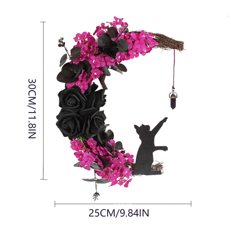 Bulk Halloween Moon Cat Wreath with Rose Gothic Grapevine Wreath for Farmhouse Porch Front Door Window Wall Decor Wholesale