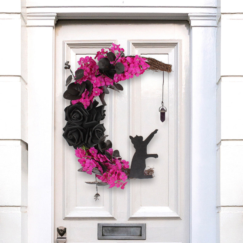 Bulk Halloween Moon Cat Wreath with Rose Gothic Grapevine Wreath for Farmhouse Porch Front Door Window Wall Decor Wholesale
