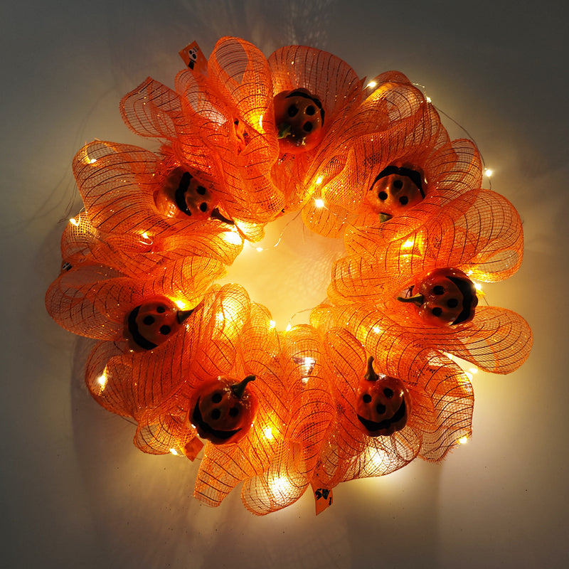 Bulk Halloween Pumpkin Smiley Face Wreath for Front Door Glowing Wreath Holiday Party Decoration Wholesale