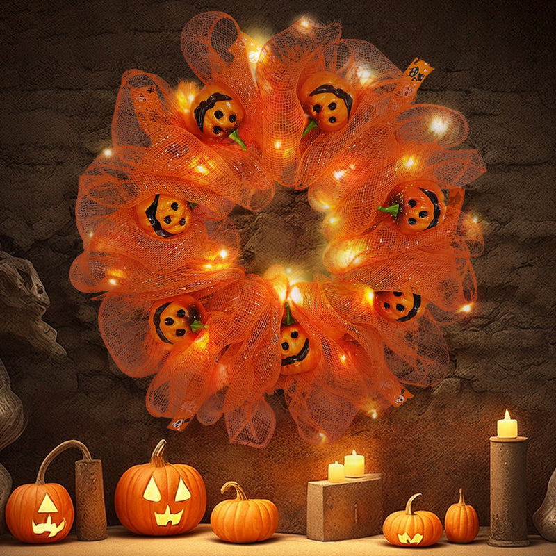Bulk Halloween Pumpkin Smiley Face Wreath for Front Door Glowing Wreath Holiday Party Decoration Wholesale