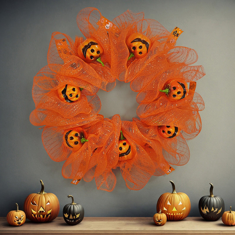 Bulk Halloween Pumpkin Smiley Face Wreath for Front Door Glowing Wreath Holiday Party Decoration Wholesale