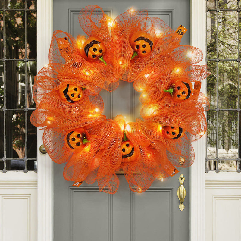 Bulk Halloween Pumpkin Smiley Face Wreath for Front Door Glowing Wreath Holiday Party Decoration Wholesale