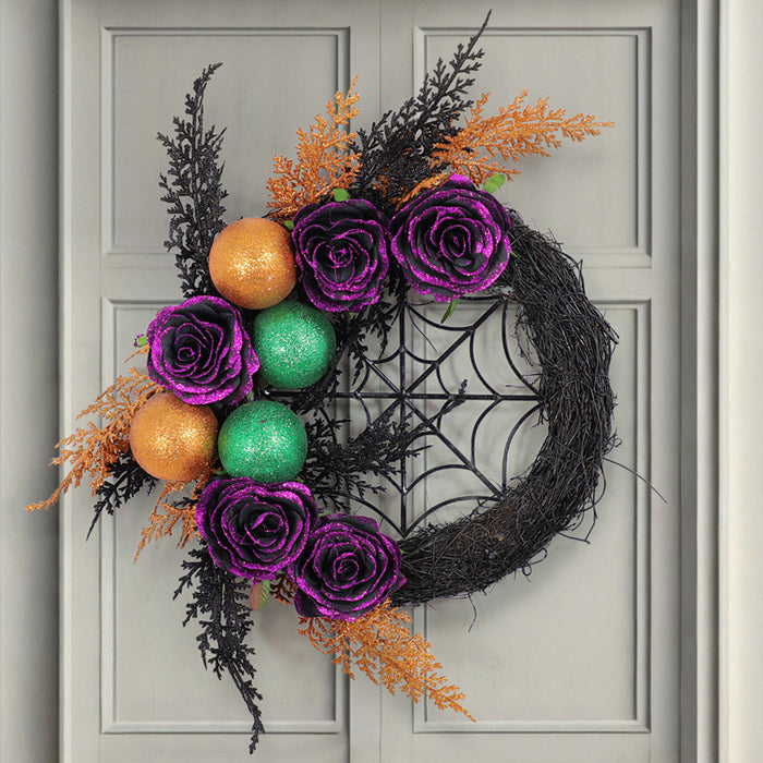 Bulk Halloween Purple Rose Grapevine Wreath Spider Web Artificial Plants Wreath Party Decoration Wholesale