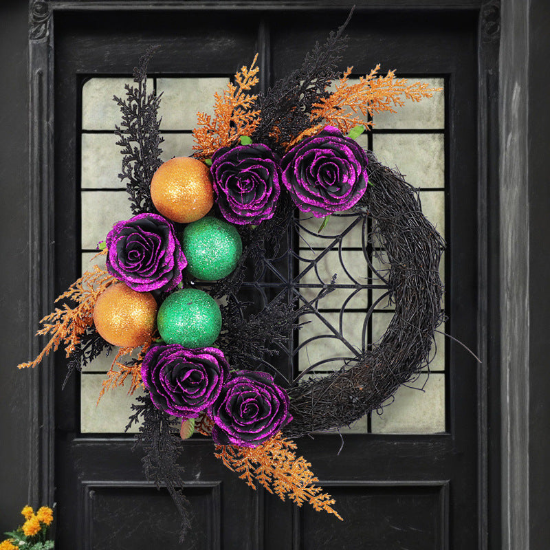 Bulk Halloween Purple Rose Grapevine Wreath Spider Web Artificial Plants Wreath Party Decoration Wholesale