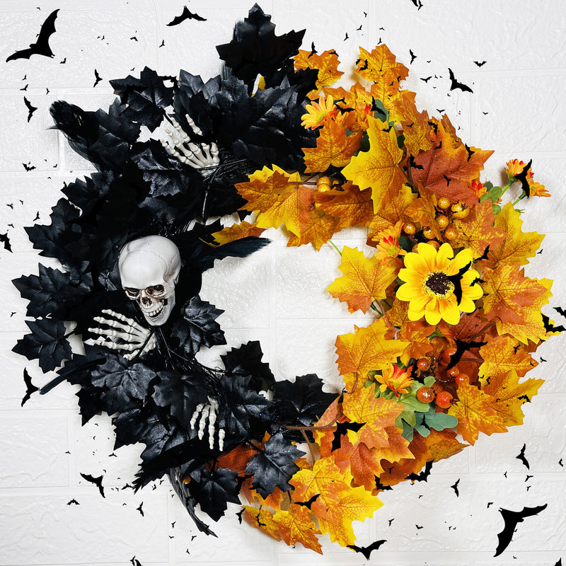 Bulk Halloween Skull Wreath for Front Door Artificial Black Orange Maple Leaves Wreath Holiday Party Decoration Wholesale