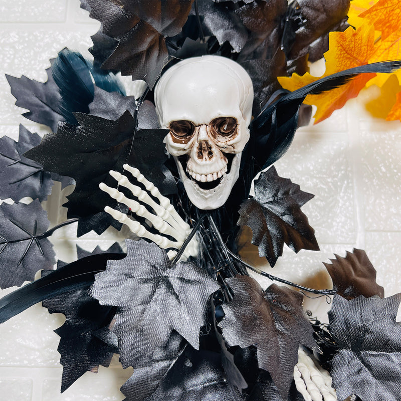 Bulk Halloween Skull Wreath for Front Door Artificial Black Orange Maple Leaves Wreath Holiday Party Decoration Wholesale