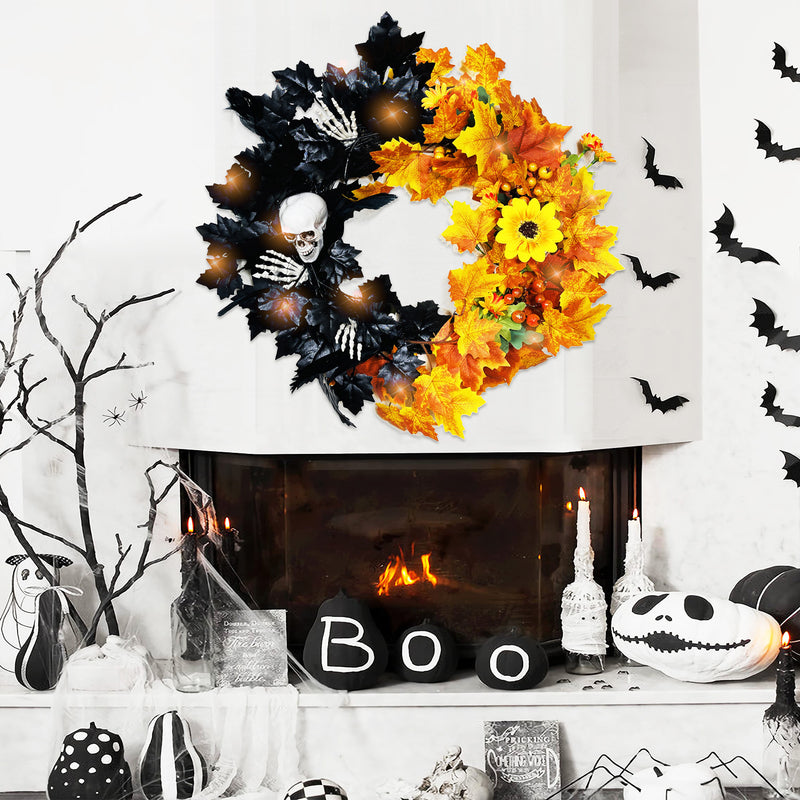 Bulk Halloween Skull Wreath for Front Door Artificial Black Orange Maple Leaves Wreath Holiday Party Decoration Wholesale