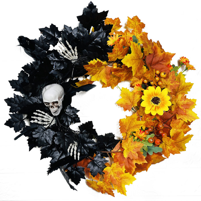 Bulk Halloween Skull Wreath for Front Door Artificial Black Orange Maple Leaves Wreath Holiday Party Decoration Wholesale