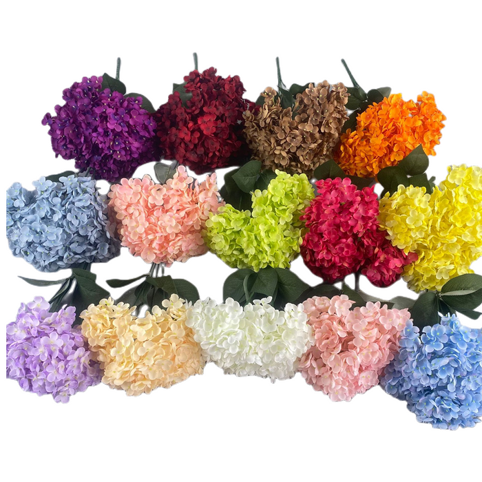 Exclusivo a granel, 5 piezas, 19 pulgadas, arbusto de hortensia, flores artificiales de seda, venta al por mayor 