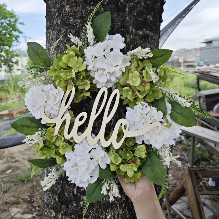 Bulk Hydrangea Wreaths with Hello Sign Artificial Flower Spring Wreaths Ornament for Front Door Farmhouse Home Decoration Wholesale