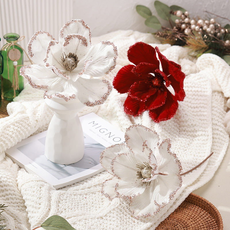 Gros poinsettia de Noël en velours bordeaux artificiel, ornements de fleurs de magnolia, pics floraux, tiges pour centre de table de Noël, vente en gros