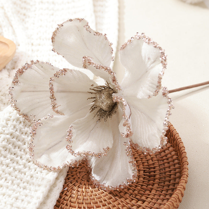 Gros poinsettia de Noël en velours bordeaux artificiel, ornements de fleurs de magnolia, pics floraux, tiges pour centre de table de Noël, vente en gros