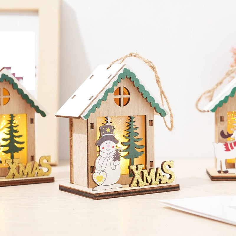 Bulk Mini Glow Cabin Christmas Hanging Ornament with Santa Snowman Elk for Xmas Tree Wholesale