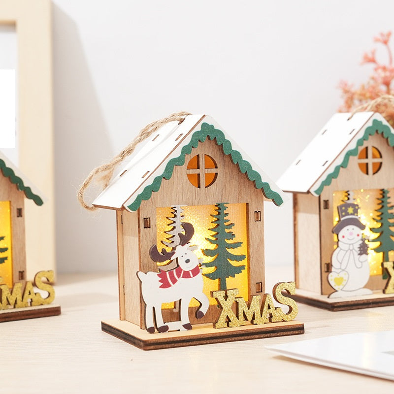 Bulk Mini Glow Cabin Christmas Hanging Ornament with Santa Snowman Elk for Xmas Tree Wholesale