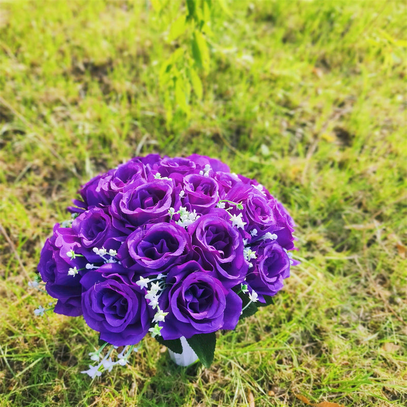 Bulk Exclusive 22 Colors Cemetery Flowers Roses Bush Bouquets in Vase Artificial Flowers for Graves and Memorials Arrangements Wholesale