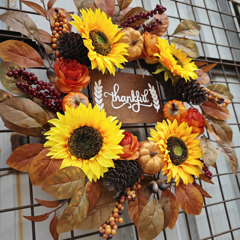 Bulk Sunflower Pumpkin Leaf Wreaths with Sign Artificial Flower Wreaths Ornament for Front Door Farmhouse Home Decoration Wholesale