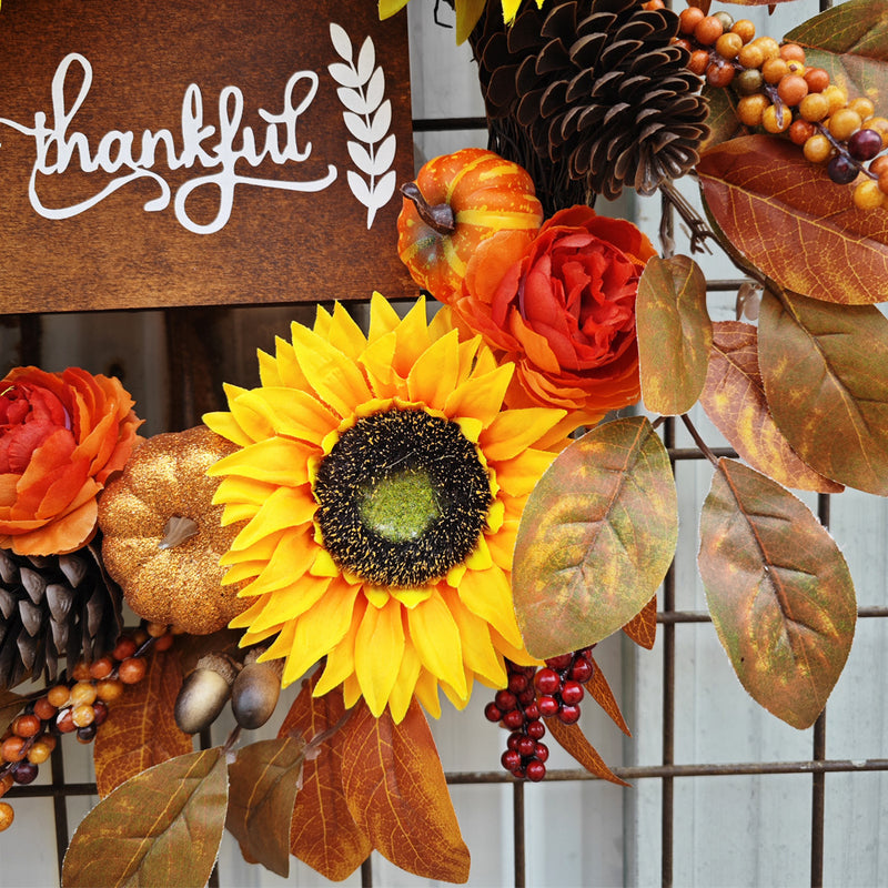 Bulk Sunflower Pumpkin Leaf Wreaths with Sign Artificial Flower Wreaths Ornament for Front Door Farmhouse Home Decoration Wholesale