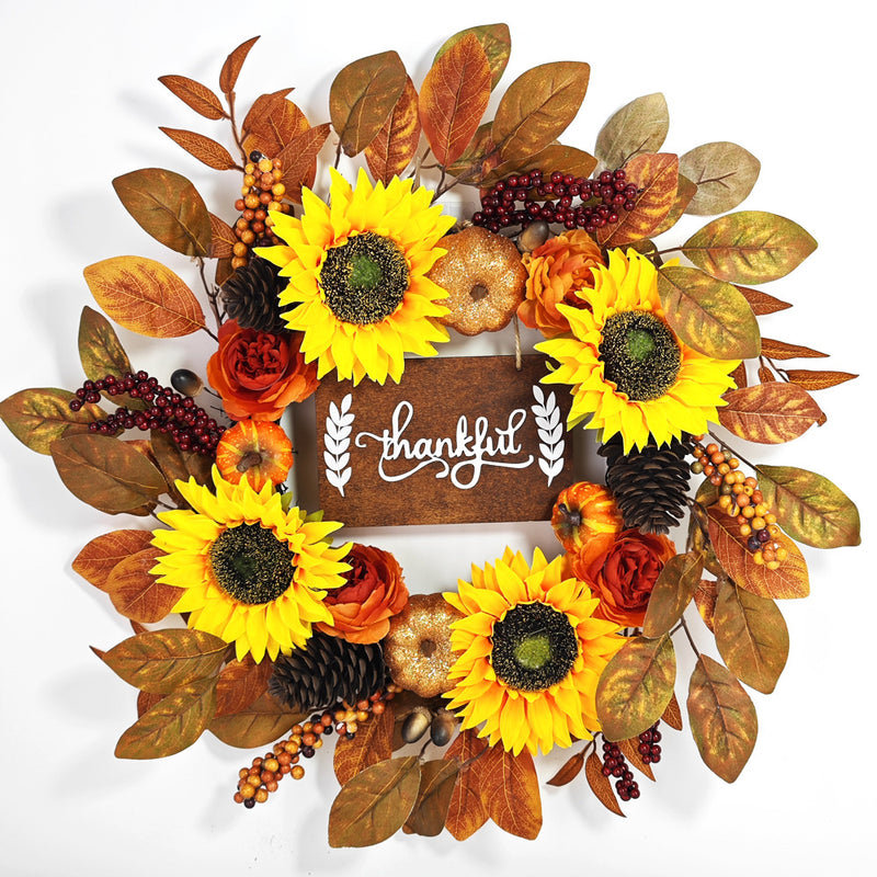 Bulk Sunflower Pumpkin Leaf Wreaths with Sign Artificial Flower Wreaths Ornament for Front Door Farmhouse Home Decoration Wholesale