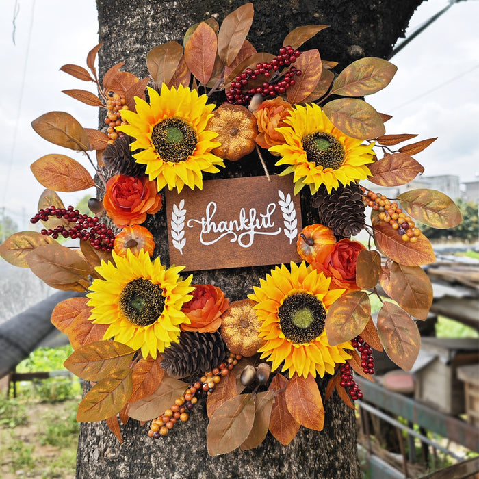 Bulk Sunflower Pumpkin Leaf Wreaths with Sign Artificial Flower Wreaths Ornament for Front Door Farmhouse Home Decoration Wholesale