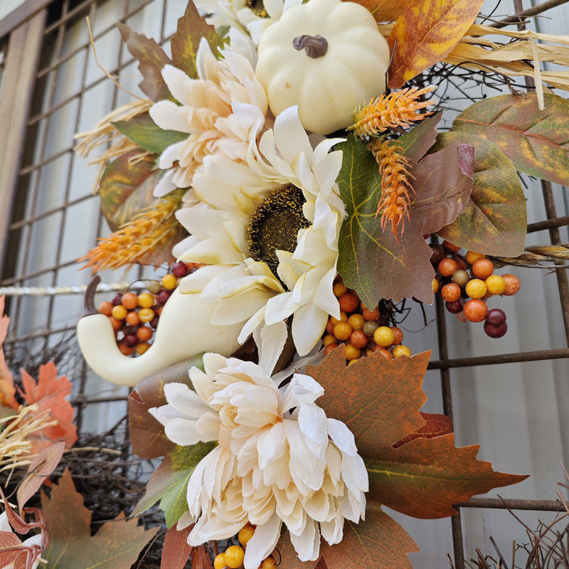 Bulk Fall Harvest Teardrop Swag Artificial Fall Swag Thanksgiving Day Teardrop Wreath Hanging Sunflower Berry Swag for Front Door Wall Autumn Outdoor Decor Wholesale