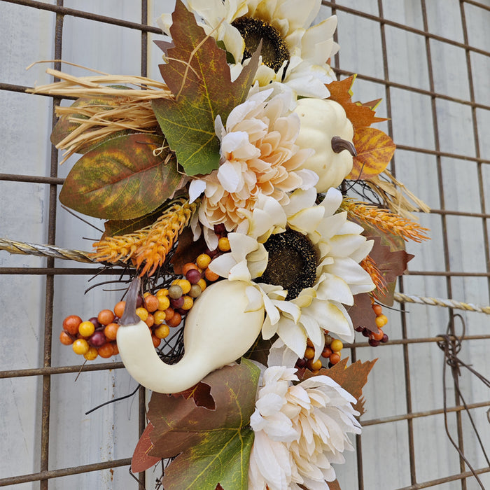 Bulk Fall Harvest Teardrop Swag Artificial Fall Swag Thanksgiving Day Teardrop Wreath Hanging Sunflower Berry Swag for Front Door Wall Autumn Outdoor Decor Wholesale
