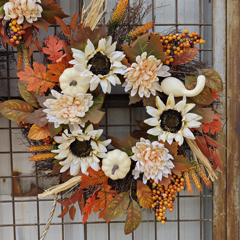 Bulk White Pumpkin Sunflower Maple Leaf Wreath Artificial Flower Wreath Fall Thanksgiving Day Harvest Festival Decor Wholesale