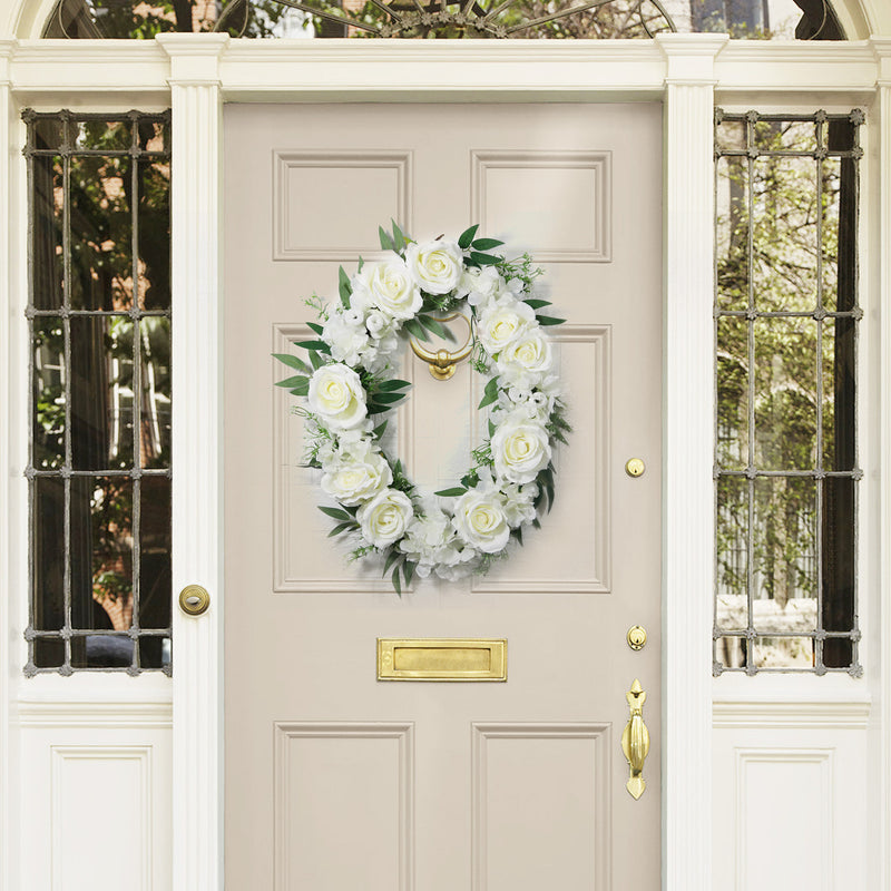 Bulk White Rose Wreaths Artificial Silk Flower Oval Wreaths Ornament for Front Door Wall Hanging Home Decoration Wholesale
