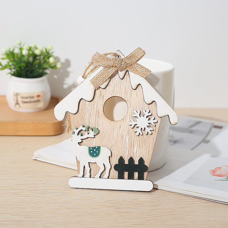 Bulk Xmas Wood Snow House Chips Hanging Ornaments with Rope Wholesale