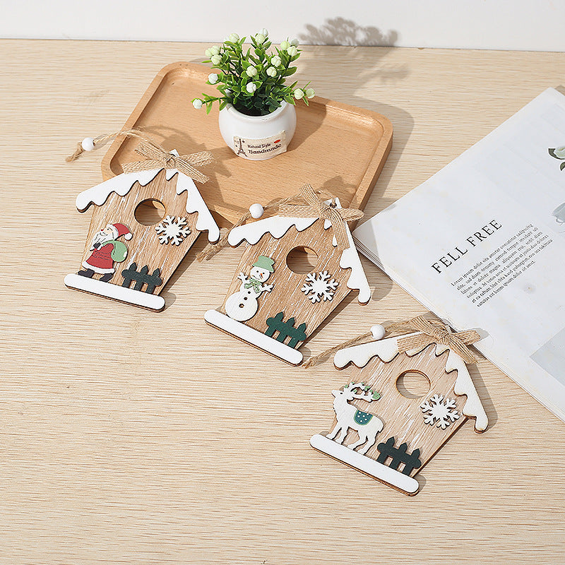 Bulk Xmas Wood Snow House Chips Hanging Ornaments with Rope Wholesale