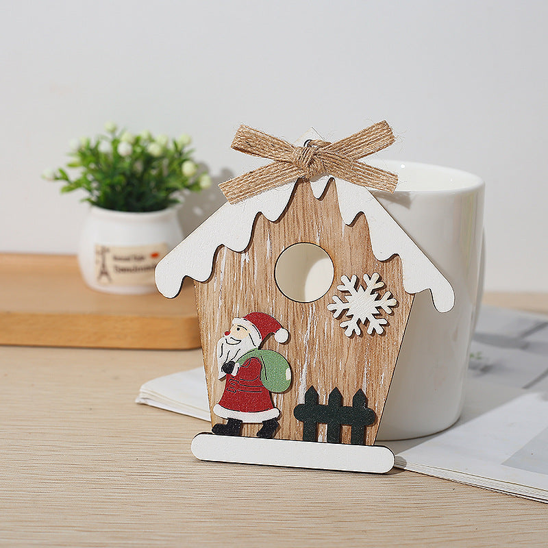 Bulk Xmas Wood Snow House Chips Hanging Ornaments with Rope Wholesale