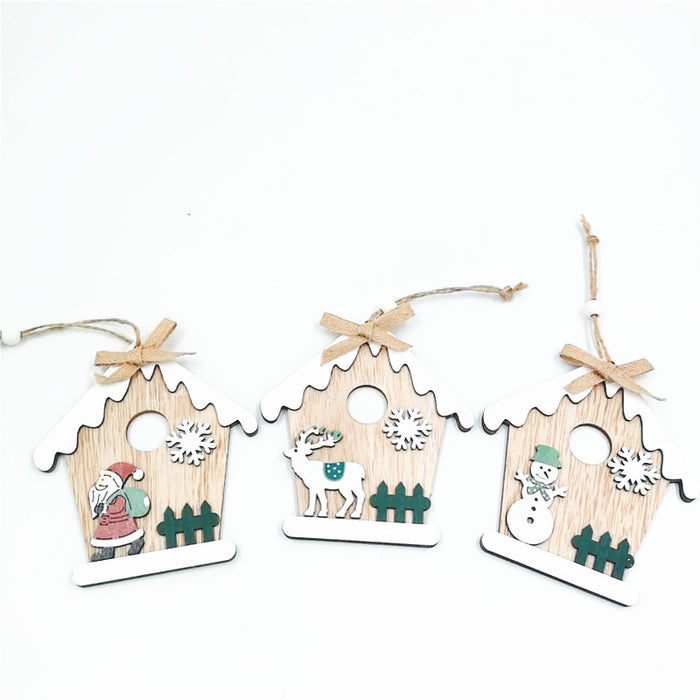 Bulk Xmas Wood Snow House Chips Hanging Ornaments with Rope Wholesale