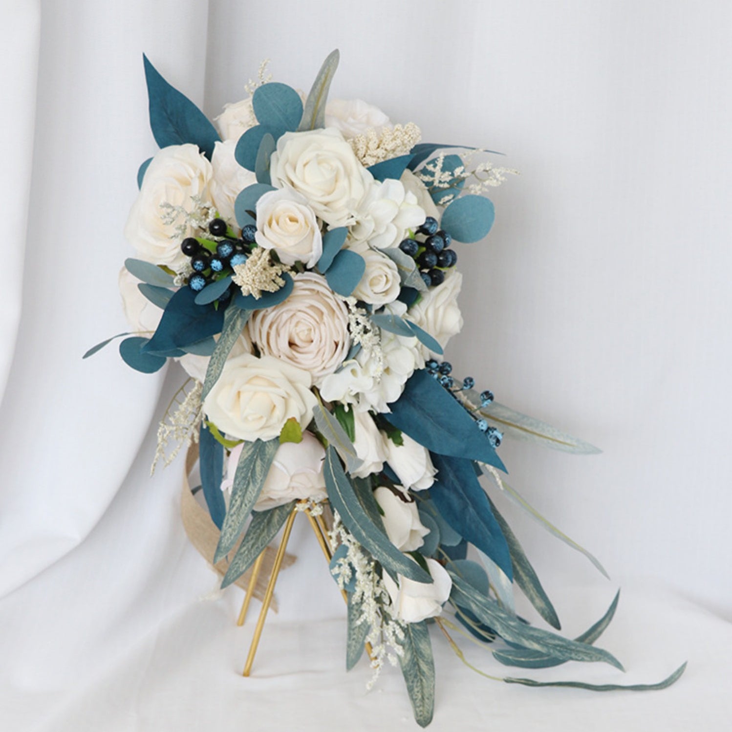 Bulk Standard Cascading Noble Navy Blue And Champagne Wedding Bouquets ...