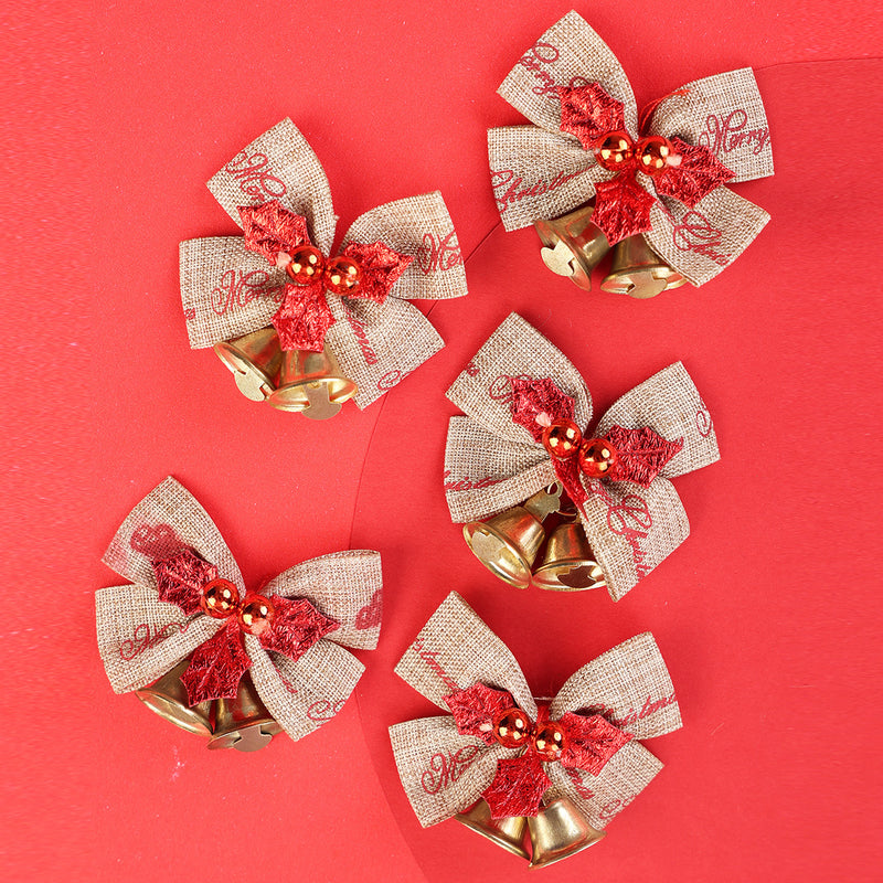 Bulk 5Pcs Christmas Bow Linen Bowknot Wreath Bow with Jingle Bells Wholesale