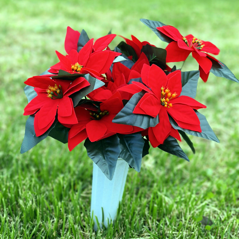 Bulk 17 inches Tall Artificial Red Poinsettias Bouquets for Cemetery Christmas Cemetery Flowers Wholesale