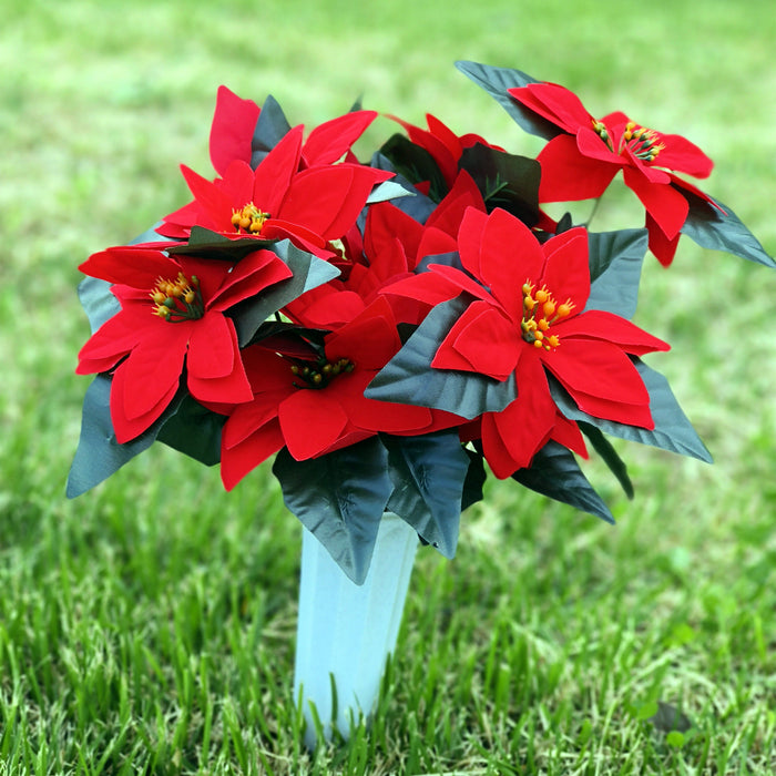 Bulk 17 inches Tall Artificial Red Poinsettias Bouquets for Cemetery Christmas Cemetery Flowers Wholesale