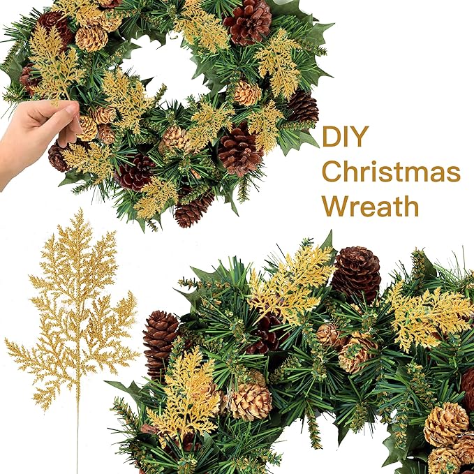 Aiguilles de pin artificielles à paillettes de Noël en vrac, fausses brindilles florales, tiges de pin en gros