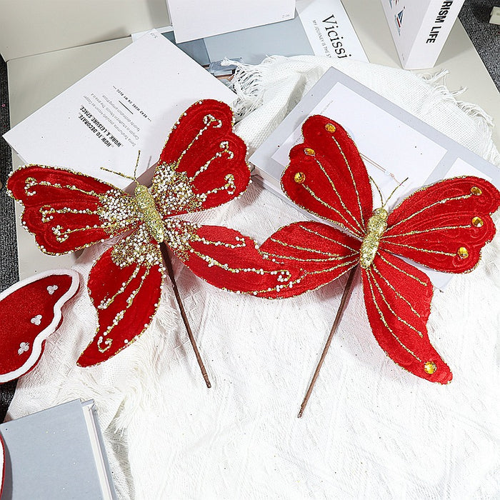 Bulk Glitter Christmas Butterfly Stem for Xmas New Year Christmas Tree Wreath Decoration Wholesale
