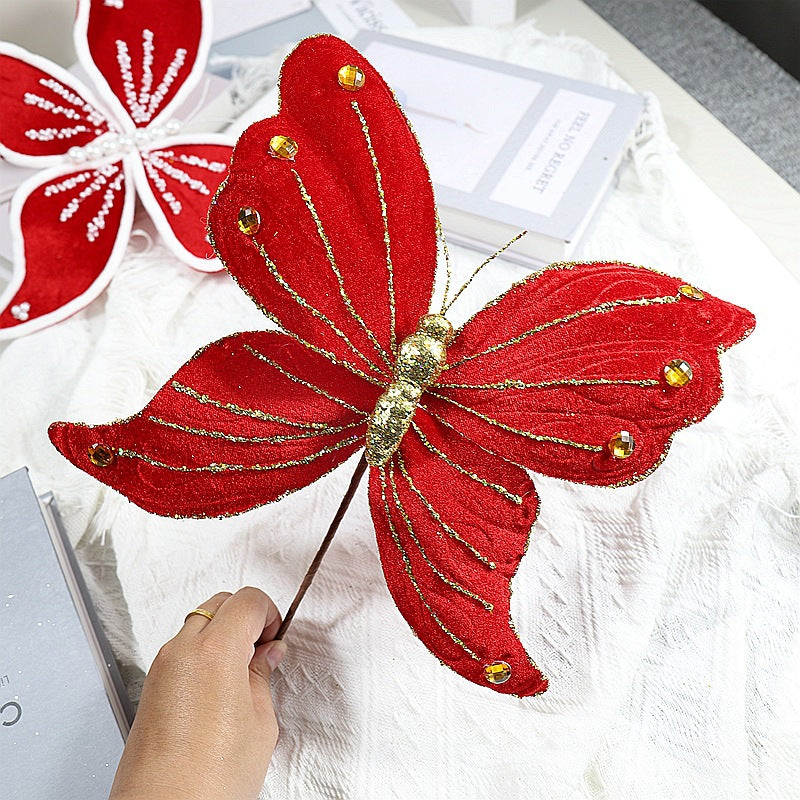 Bulk Glitter Christmas Butterfly Stem for Xmas New Year Christmas Tree Wreath Decoration Wholesale
