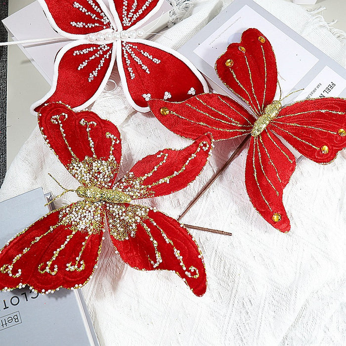 Bulk Glitter Christmas Butterfly Stem for Xmas New Year Christmas Tree Wreath Decoration Wholesale