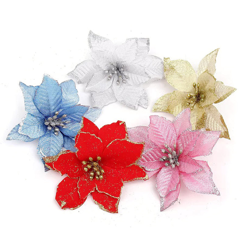 Bulk 36Pcs Christmas Poinsettia Christmas Tree Flowers Glitter Flowers Hanging Ornaments Wholesale
