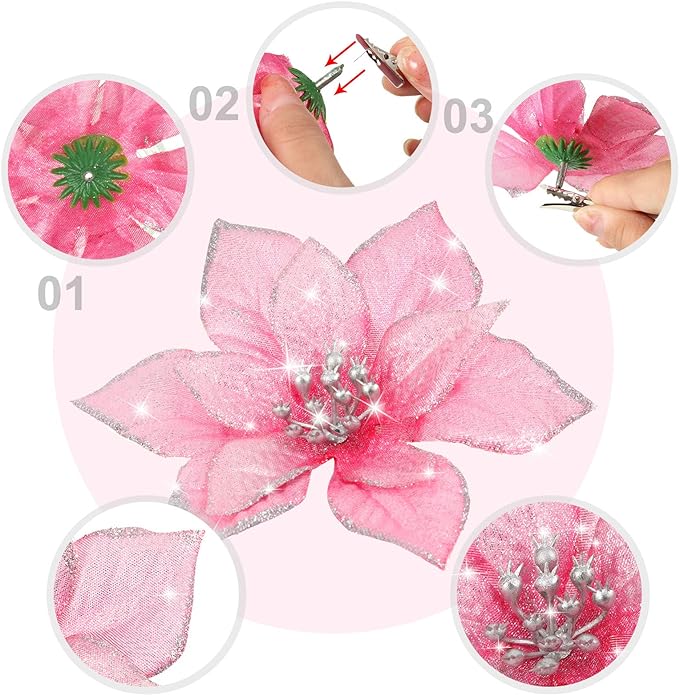 Bulk 36Pcs Christmas Poinsettia Christmas Tree Flowers Glitter Flowers Hanging Ornaments Wholesale