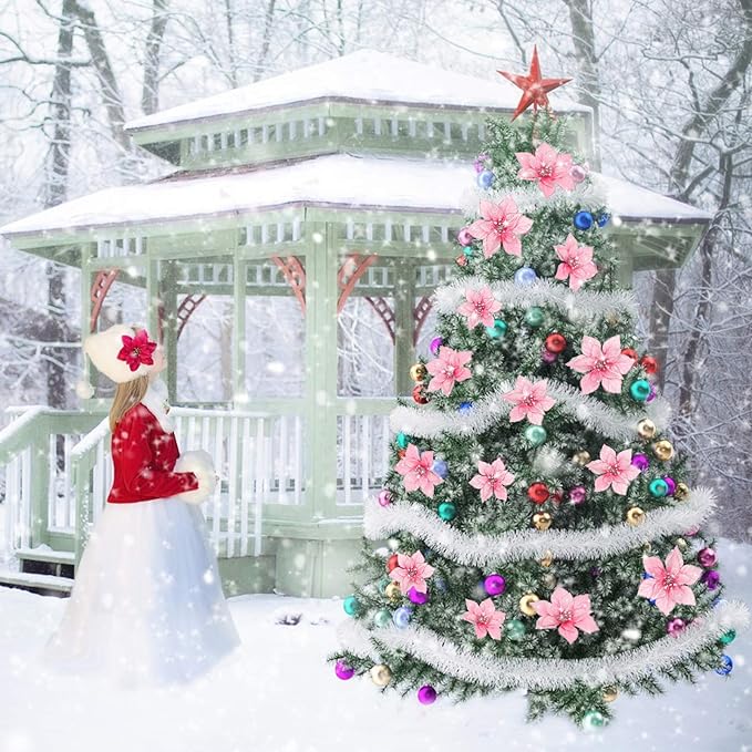 Bulk 36Pcs Christmas Poinsettia Christmas Tree Flowers Glitter Flowers Hanging Ornaments Wholesale